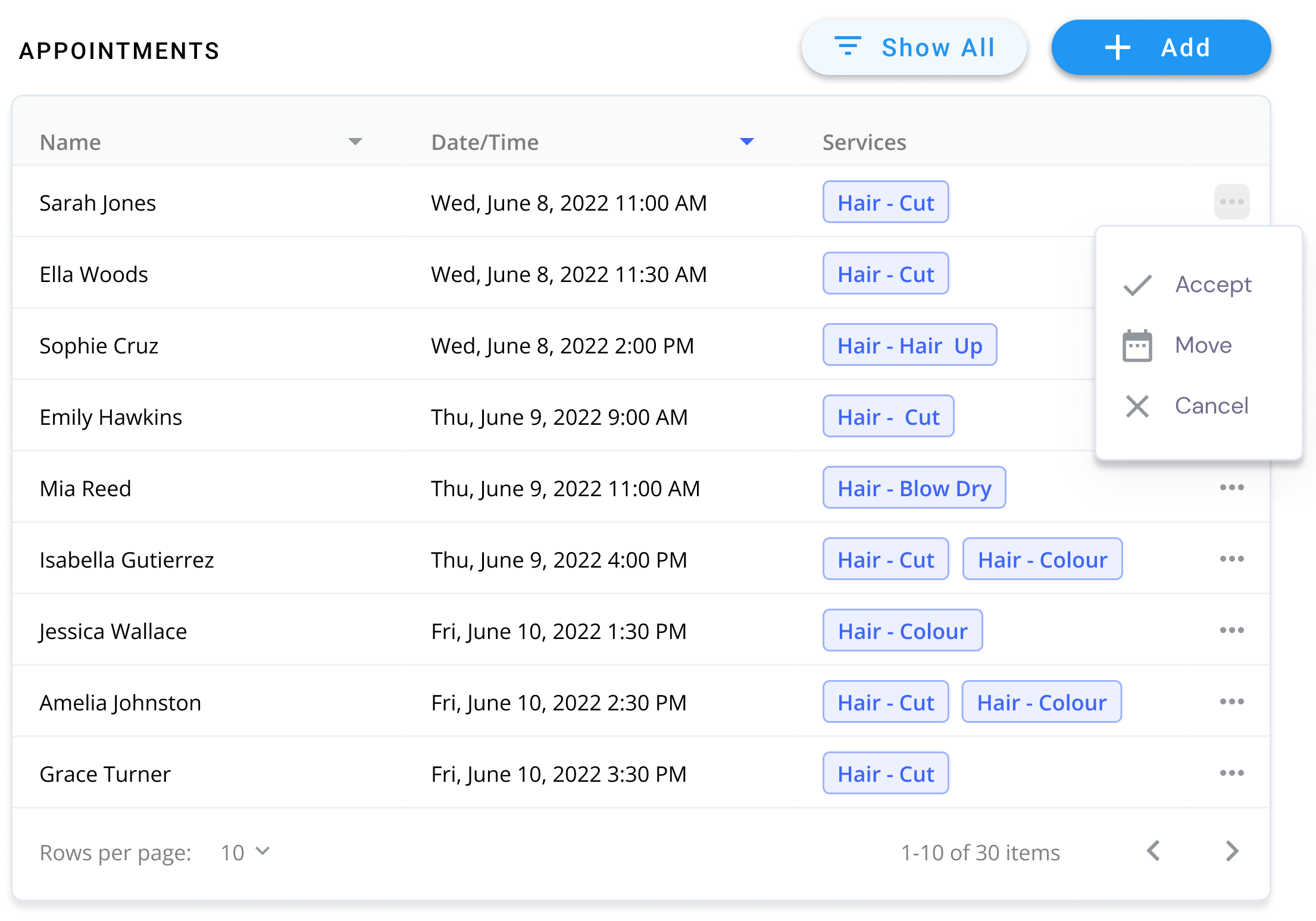 Screenshot showing upcoming appointments, dates and times with buttons to manage
